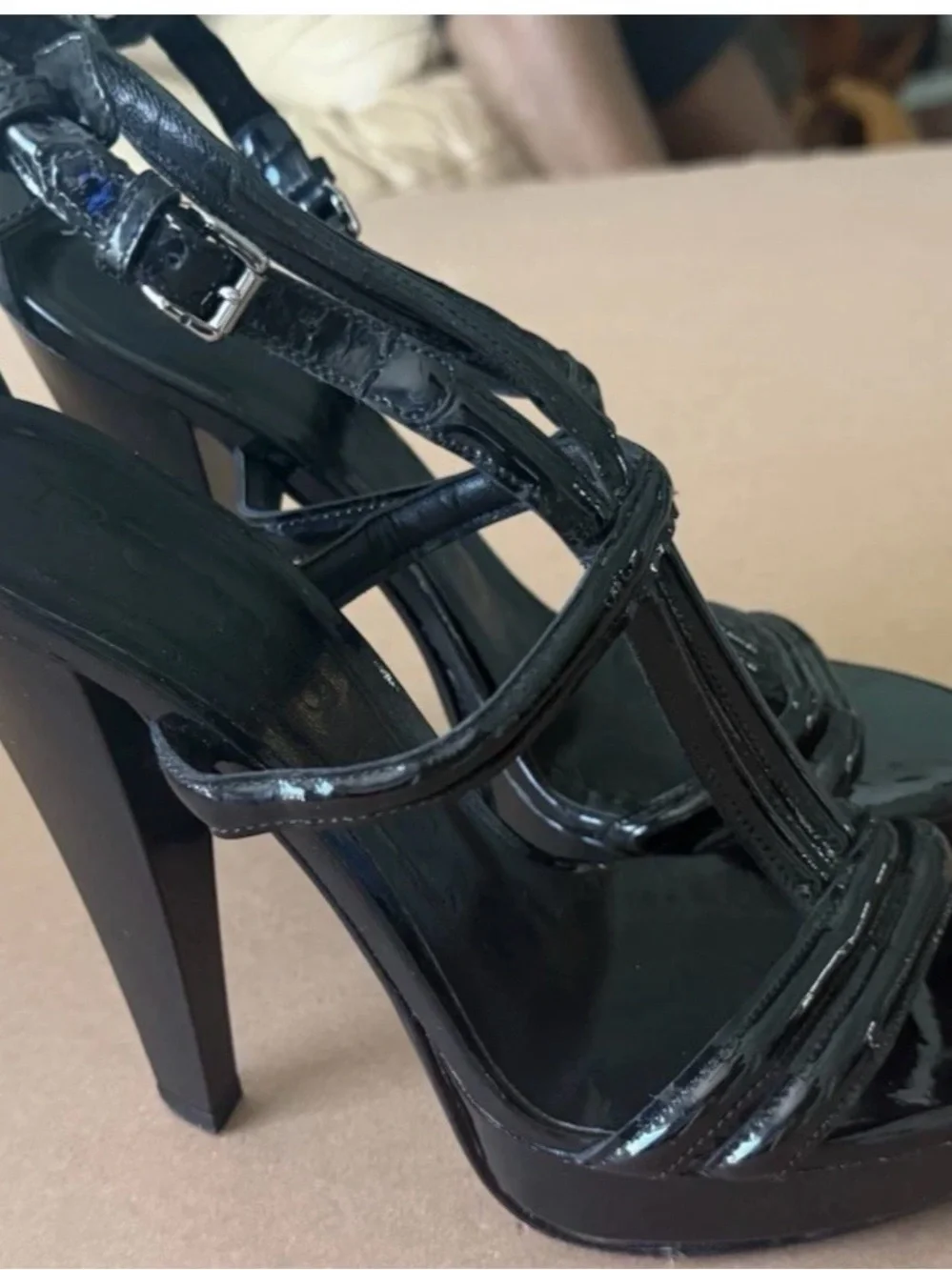 BURBERRY GLOSSY PLATFORM PUMPS HEELS SANDALS Sz 38.5 US 8.5 Black Made In Italy